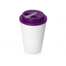 Пластиковый стакан Take away с двойными стенками и крышкой с силиконовым клапаном, 350 мл, белый/фиолетовый с нанесением логотипа компании
