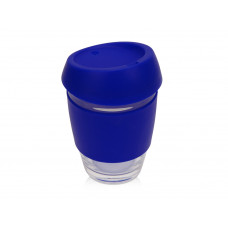 Стеклянный стакан Monday с силиконовой крышкой и манжетой, 350мл, синий с нанесением логотипа компании