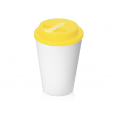 Пластиковый стакан Take away с двойными стенками и крышкой с силиконовым клапаном, 350 мл, белый/желтый с нанесением логотипа компании
