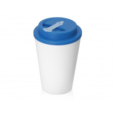 Пластиковый стакан Take away с двойными стенками и крышкой с силиконовым клапаном, 350 мл, белый/голубой с нанесением логотипа компании