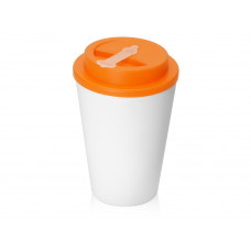 Пластиковый стакан Take away с двойными стенками и крышкой с силиконовым клапаном, 350 мл, белый/оранжевый с нанесением логотипа компании