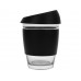 Стеклянный стакан Monday с силиконовой крышкой и манжетой, 350мл, черный с нанесением логотипа компании