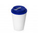 Пластиковый стакан Take away с двойными стенками и крышкой с силиконовым клапаном, 350 мл, белый/темно-синий с нанесением логотипа компании
