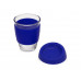 Стеклянный стакан Monday с силиконовой крышкой и манжетой, 350мл, синий с нанесением логотипа компании