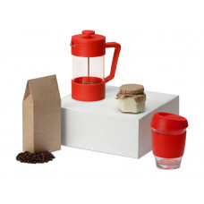 Подарочный набор с кофе, кружкой и френч-прессом "Бодрое утро", красный с нанесением логотипа компании