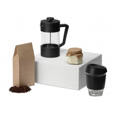 Подарочный набор с кофе, кружкой и френч-прессом "Бодрое утро", черный с нанесением логотипа компании