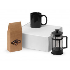 Подарочный набор с чаем, кружкой и френч-прессом "Чаепитие", черный с нанесением логотипа компании