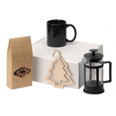 Подарочный набор с чаем, кружкой, френч-прессом и новогодней подвеской "Чаепитие", черный с нанесением логотипа компании