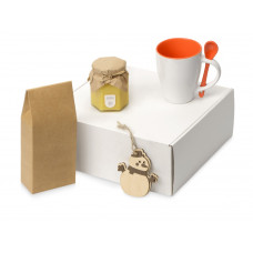 Подарочный набор с чаем, кружкой, медом и новогодней подвеской "Чайная церемония", оранжевый с нанесением логотипа компании