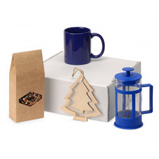 Подарочный набор с чаем, кружкой, френч-прессом и новогодней подвеской "Чаепитие", синий с нанесением логотипа компании