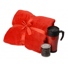 Подарочный набор с пледом, термокружкой и миндалем в шоколадной глазури "Tasty hygge", красный с нанесением логотипа компании