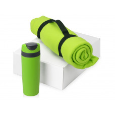 Подарочный набор Cozy с пледом и термокружкой, зеленый с нанесением логотипа компании
