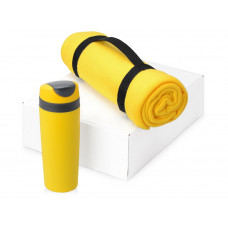 Подарочный набор Cozy с пледом и термокружкой, желтый с нанесением логотипа компании