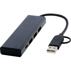 Концентратор USB 2.0 Rise из переработанного алюминия, сертифицированного по стандарту RCS - сплошной черный с нанесением логотипа компании